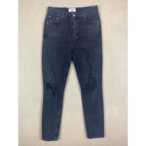 Agolde High Rise Skinny Jeans Womens 27 Distressed Stretch Black Denim - Picture 1 of 13